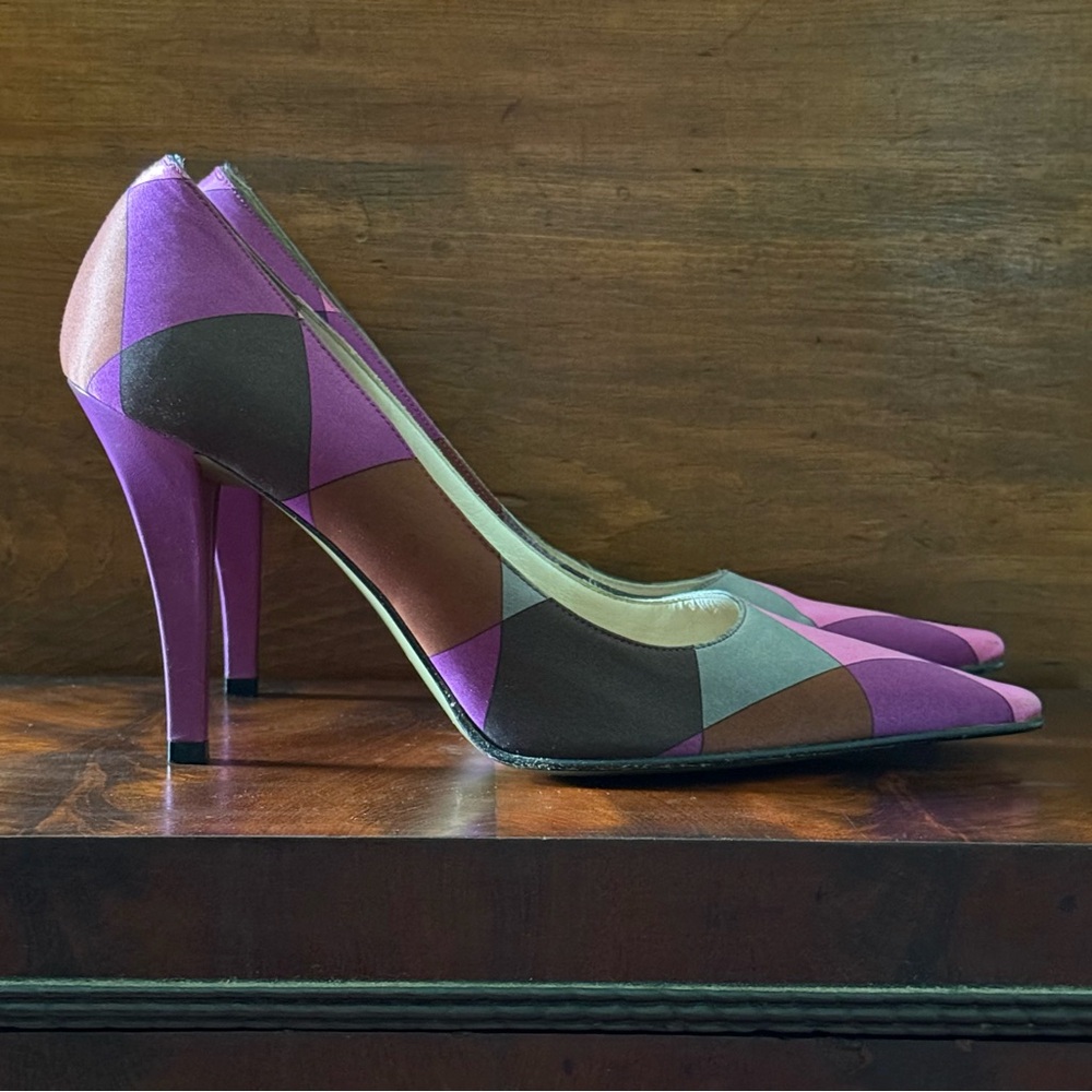 Vintage Emilio Pucci Multicolored Satin & Leather Stiletto Heels; 90’s; Size 38
